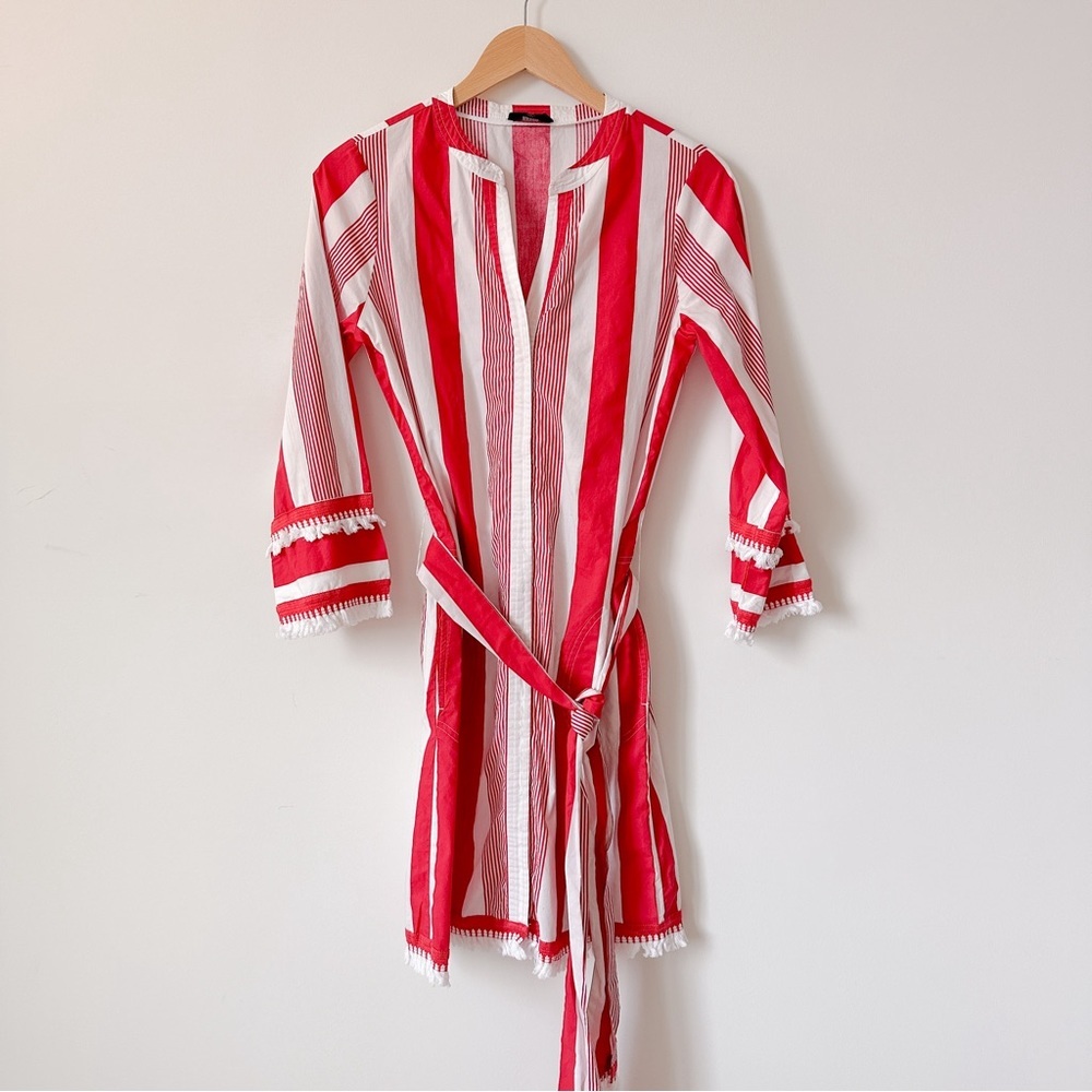 J. Crew Red White Stripe Belted Cotton Poplin Tunic Dress